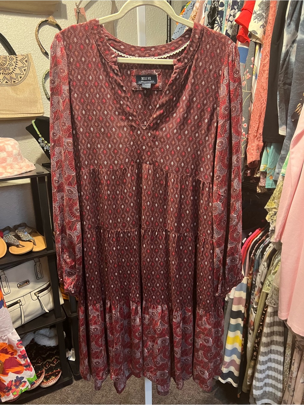 Anthropologie Burgundy Paisley Tiered Long-Sleeve Dress
